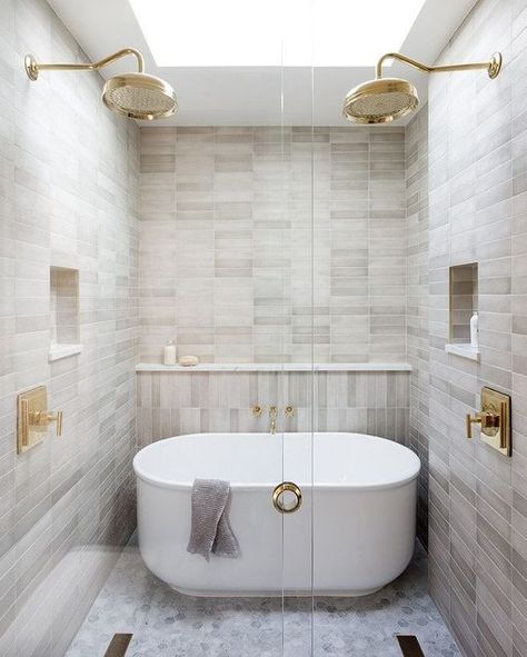 Double Shower Head Master Baths, White Mosaic Bathroom, Tile Shower Niche, Marble Shower Tile, Bathroom With Tub, Master Shower, Wet Room, Transitional Bathroom, Main Bathroom