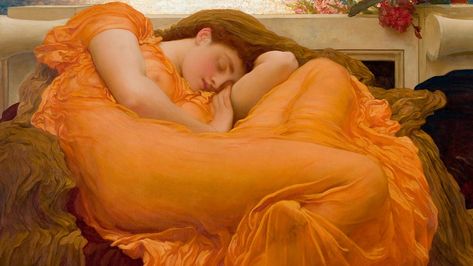 New details point to the identity of the sleeping woman in the saffron gown. Flaming June, Frederic Leighton, Woman Sleeping, Lawrence Alma Tadema, Elizabeth Barrett Browning, Giovanni Boldini, James Mcneill Whistler, Edward Burne Jones, Sleeping Women