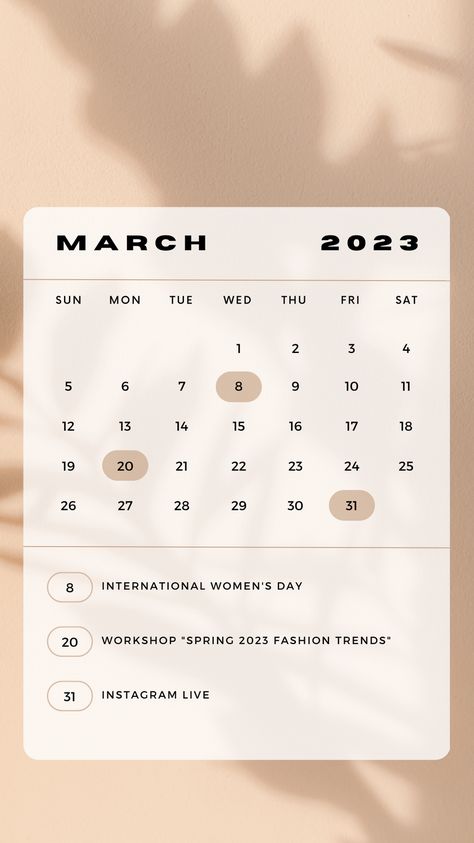 #Ivory #Minimalistic #March #2023 #Important #Events #Calendar #Notification #Instagram #Story Calendar Event Design, Calendar Of Events Design, Save The Date Instagram Post, Stories Template Instagram, Event Instagram Story, Instagram Post Calendar, Calendar Web Design, Event Calendar Design, Calendar Instagram Post