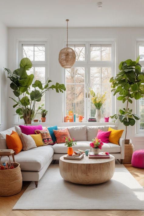 Colourful Accents Living Room, Maximalist Living Room White Couch, White And Bright Living Room, Living Room Inspiration Colourful, Colorful Living Room Beige Couch, White And Colorful Living Room, Modern Quirky Living Room, Colorful Living Room White Couch, White Rooms With Pops Of Color