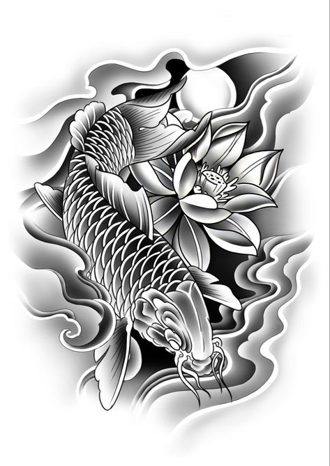 ငါးကြင်း Tattoo Black, ငါးကြင်း Tattoo, Japanese Tattoo Koi, Japanese Water Tattoo, Koi Dragon Tattoo, Skull Tattoo Flowers, Geisha Tattoo Design, Japanese Tattoos For Men, Tattoo Japanese Style