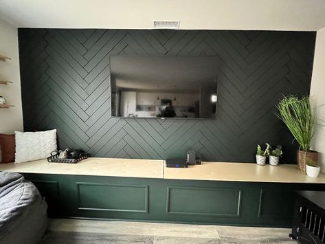 Herringbone Tv Wall, Black Herringbone Wall, Herringbone Shiplap Wall, Herringbone Feature Wall, Herringbone Shiplap, Wall Shiplap, Herringbone Accent Wall, Photo Wall Display, Herringbone Wall