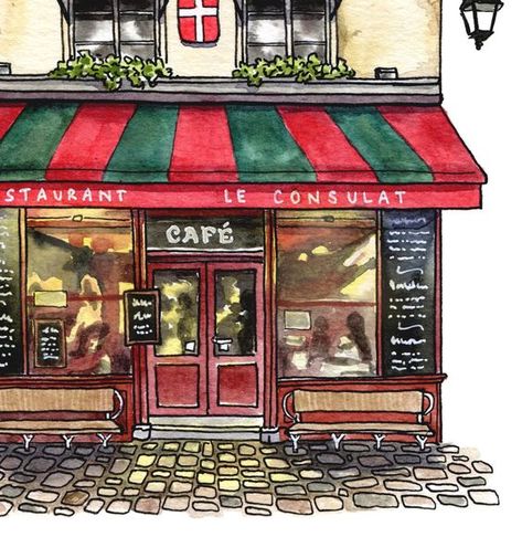 Drawing Cafe, Parisian Coffee Shop, Cafe And Bar, Asian Cake, Paris Art Print, Urban Sketches, Cartoon House, Building Drawing, Montmartre Paris