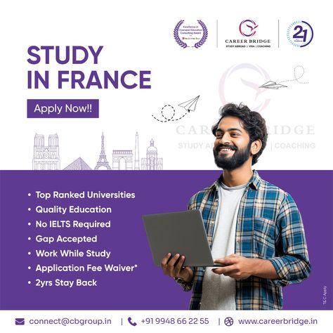 Study in France! Apply Now! Discover top-ranked universities and quality education in France. Enjoy no IELTS requirement, work while you study, and benefit from a 2-year stay-back option. Application fee waivers available!  Call Today to Know More- +91 9948 66 22 55  #studyinabroad #studyinfrance #noiletsneeded Study In Abroad Poster Design, Study Abroad Ads, Study Abroad Creative Ads, Student Posters, Instagram Design Creative, Delhi Metro, Social Media Advertising Design, Casual Frocks, Quality Education