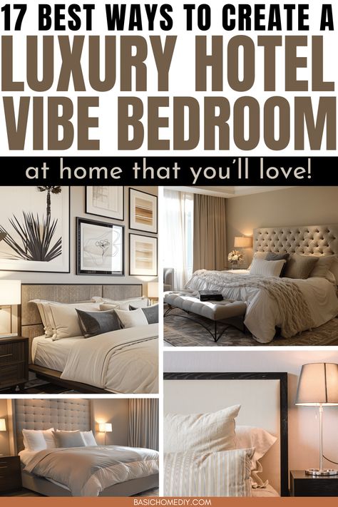 17 Best Ways to Create a Luxury Hotel Vibe Bedroom at Home - Basic Home DIY Luxury Hotel Bedroom Master Suite, Hotel Bedroom Aesthetic, Luxury Hotel Bedroom Design, Hotel Vibe Bedroom, Hotel Inspired Bedroom, Hotel Style Bedroom, Luxury Hotel Bedroom, Hotel Bedroom Design, Vibe Bedroom