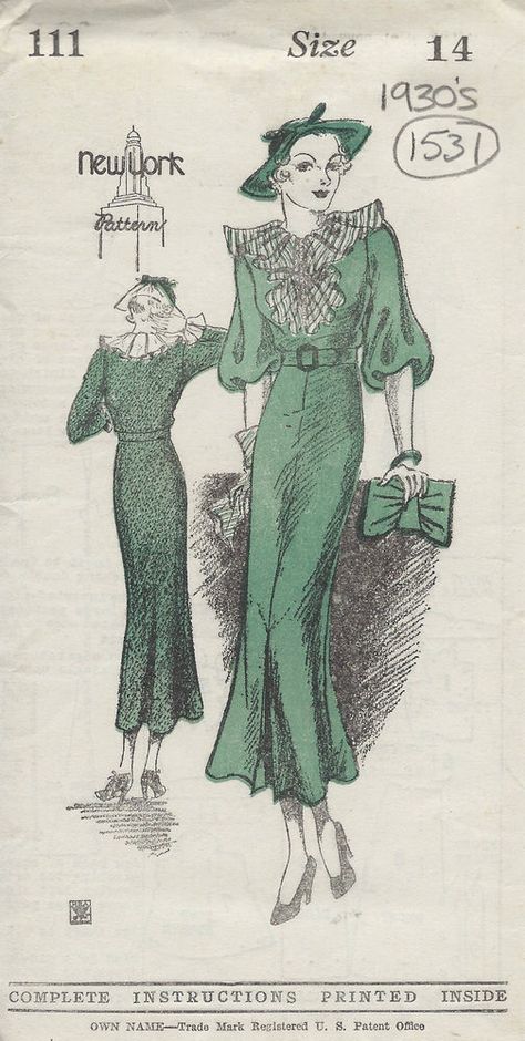 1930s Dress Pattern, New York Pattern, 1930 Fashion, Vintage Vogue Sewing Patterns, Sew In Weave, Vintage Dress Patterns, Fashion Illustration Dresses, Motif Vintage, 1930s Fashion