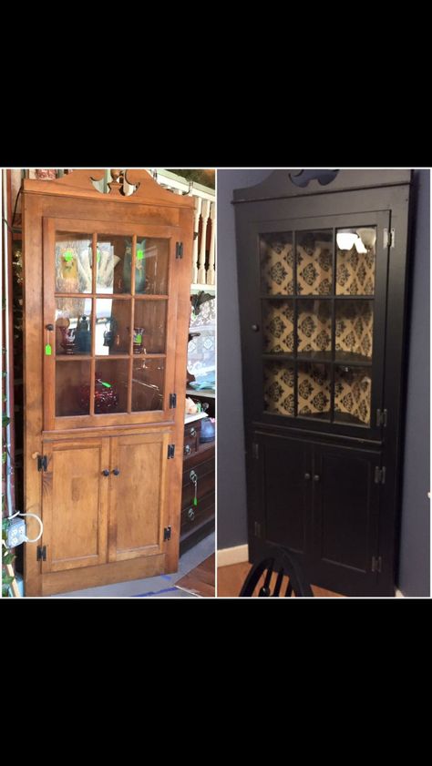 Corner China Cabinet Makeover, Corner Hutch Makeover, Scrap Furniture, Corner Cabinet Makeover, Curio Cabinet Makeover, China Cabinet Decor, Updated Colonial, Cabinet Update, Corner China Cabinet