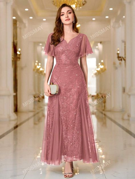 Sequin Lace Sweetheart Neck Ruffle Sleeve Evening Party Maxi DressI discovered amazing products on SHEIN.com, come check them out! Renda Kebaya, Dress Brokat, Party Maxi Dress, Womens Prom Dresses, Pink Party, Dress Dusty, Women Formals, Modern Dress, Maxi Dress Party