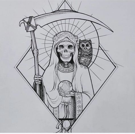 Santa Muerte Drawing Tattoo, Grim Reaper Tattoo, Reaper Tattoo, Aztec Tattoo, Tattoo Stencil Outline, Dark Art Tattoo, Tattoo Style Drawings, Tattoo Design Book, Tattoo Art Drawings