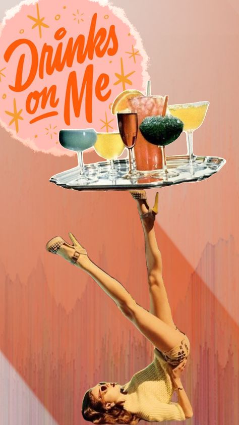 drinks on me #cheers #drinks #vintage #vintageart #vintageaesthetic #colorful #orange #pink #yellow #peach #love Vintage Drink Ads, Drink Ads Creative Advertising, Drinks Party Aesthetic, Yellow Vintage Aesthetic, Gift Shop Display, Protest Posters, Art Deco Bar, Graphic Design Brochure, Peach Love