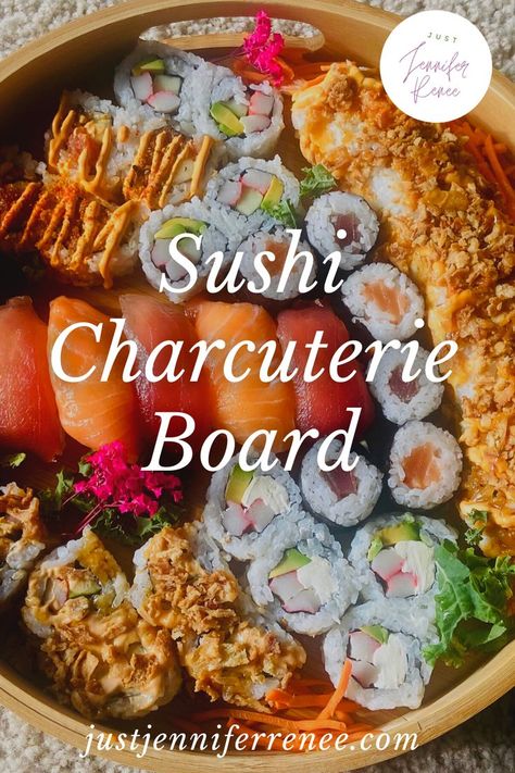 Sushi Charcuterie Board, Sushi Charcuterie, Sushi Dinner Party, Charcuterie Lunch, Sushi Buffet, Thanksgiving Platter, Charcuterie Party, Appetizer Display, Brunch Bar