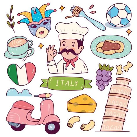 Italy Cartoon Illustrations, Italy Profile Picture, Italian Drawings Easy, Italy Drawing Easy, Italy Doodles, Italy Cartoon, Italy Drawing, Coffee Vector Illustration, Italian Icons