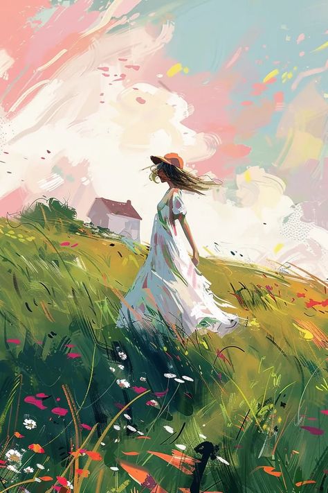 The painting is of a woman in a white dress walking through a field of flowers. The sky is blue and there are white clouds. The woman is wearing a hat and her hair is blowing in the wind. The painting is done in a loose, impressionistic style. Skirt In The Wind Drawing, Person In Flower Field Drawing, Skirt Blowing In The Wind, Dress Flowing In The Wind Drawing, Wind Blowing Illustration, Person In Field Of Flowers, Person Sitting In Flower Field, Woman Hair Blowing In Wind, Woman Tree