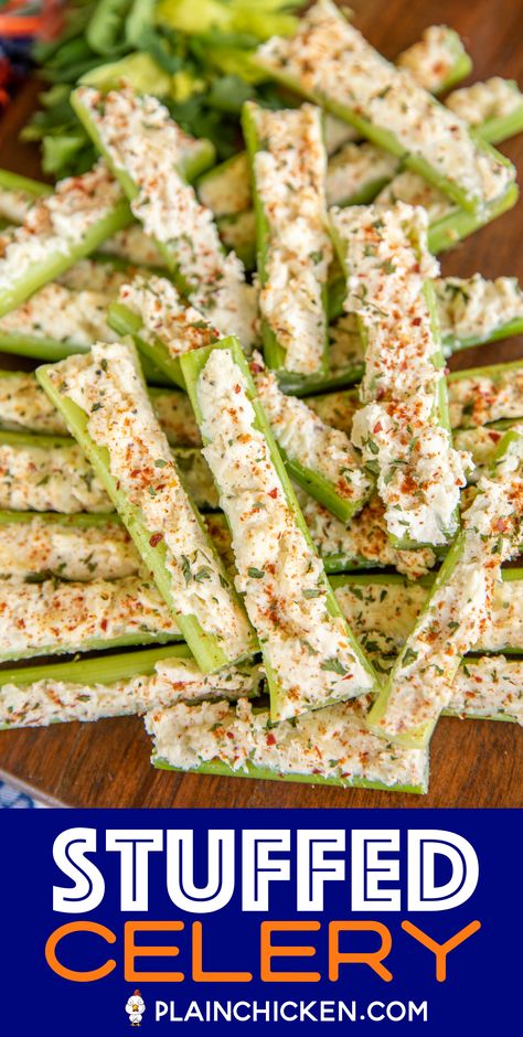 Italian Cream Cheese Stuffed Celery - outrageously good with only 5 ingredients! A party favorite! Can make in advance and refrigerate until ready to serve. Celery, cream cheese, Italian dressing mix, mayonnaise, and mozzarella cheese. This is always the first thing to go! Great for game day, parties, potlucks, and the holidays! #celery #appetizer #gameday #thanksgiving #christmas #stuffedcelery Celery Cream Cheese, Cream Cheese Stuffed Celery, Stuffed Celery Sticks, Stuffed Celery, Celery Recipes, Celery Sticks, Italian Dressing Mix, Italian Cream, Best Appetizer Recipes