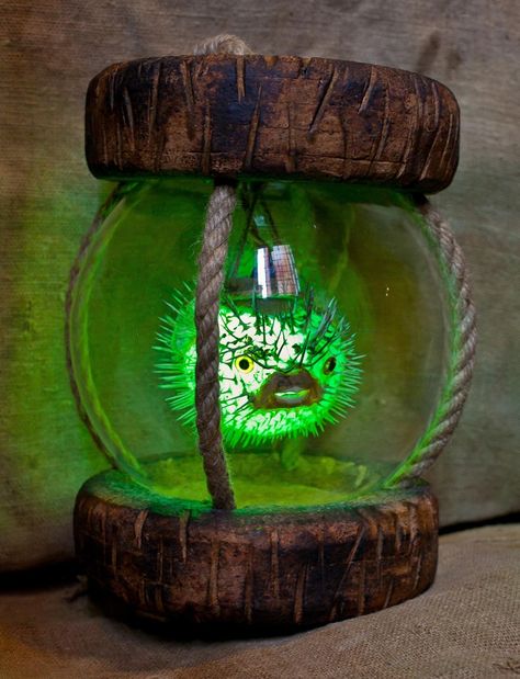 Tiki Lamp Japanese Float Cork Puffer Fish Tiki Bar - Etsy Tiki Bar Ideas, Tiki Hut Bar, Tiki Backyard, Fish Garland, Tiki Lamp, Japanese Floats, Spooky Island, Home Tiki Bar, Tiki Pop