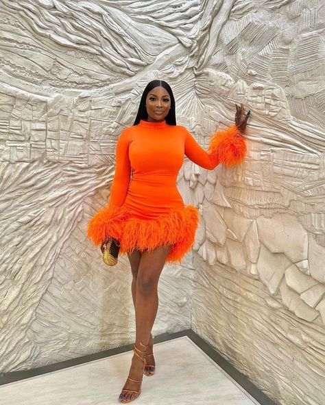 Orange Dress Birthday Outfit, Orange Bday Outfit, Orange Birthday Dress Black Women, Orange Birthday Dress, Bday Dresses, 26 Birthday, Feather Cocktail Dress, 23 Birthday, Dinner Gown