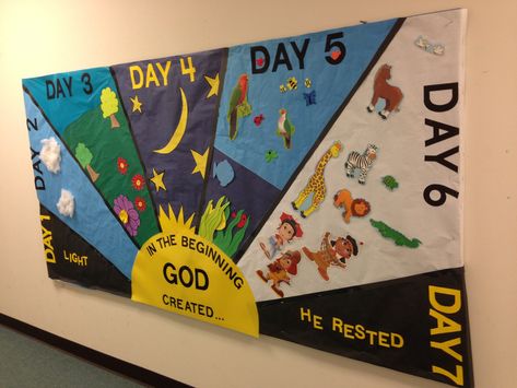 Bible Class Decorating Ideas, Creation Bulletin Boards Preschool, Nursery Bible Class Ideas, Gods Creation Bulletin Board Ideas, Days Of Creation Diorama, Creation Bible Class Decor, Genesis Bulletin Board Ideas, Days Of Creation Bulletin Board Ideas, Bible Theme Classroom