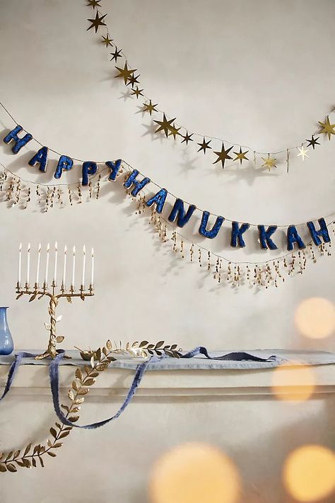 Hanukkah Décor and More | Anthropologie Hannukah Diy Decor, Hannukah Table Decorations, Hanukkah Christmas Decorations, Christmas Hanukkah Decorations, Hannakuh Aesthetic, Hanukkah And Christmas Together, Hanukkah Decor Ideas, Hannukah Party Ideas, Jewish Holiday Decorations