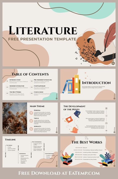 English Literature Presentation Template - Free PowerPoint Templates, Google Slides, Figma Deck And Resume Powerpoint Book Presentation, Presentation Layout Design Templates, Academic Presentation Design, English Presentation Ideas, Powerpoint Slide Designs Templates, Power Point Presentation Ideas Student, Free Template Powerpoint Slide Design, Free Slides Templates, Presentation For School