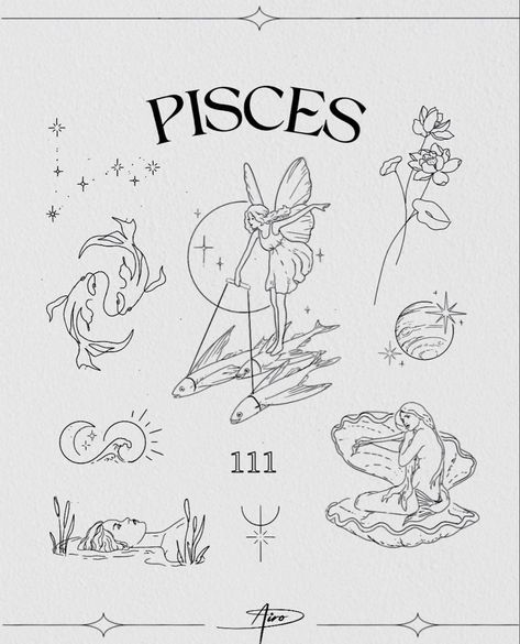 Pisces tattoo designs by Airo Small Pices Tattoo Ideas, Pisces Patchwork Tattoo, Pisces Simple Tattoo, Pisces Minimal Tattoo, Minimalist Crystal Tattoo, Zodiac Flash Sheet, Minimalist Tattoo Pisces, Cute Pisces Tattoos, French Tattoo Ideas Illustration