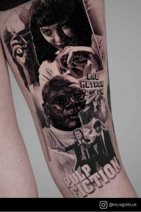 Pulp Fiction realism tattoo by Jordan Ferris at No Regrets Bristol. 📩 Bristol@nrstudios.co.uk ⠀ 📍 26 Stokes Croft, Bristol, BS1 3PR 📲 01173620157 🔗 www.nrstudios.co.uk #pulpfiction #blackandgreyrealism #blackandgreytattoo #realismtattoo #pulpfictiontattoo #quentintarantino #realistictattoo #realismtattoo #portraittattoo #miawallace #miawallacetattoo #johntravolta #samuelljackson #quentintarantinotattoo Pulp Fiction Tattoo Ideas, Quentin Tarantino Tattoo, Movie Character Tattoos, Pulp Fiction Tattoo, Regrets Tattoo, Hollywood Tattoo, Bob Marley Tattoo, Blood Tattoo, No Regrets Tattoo