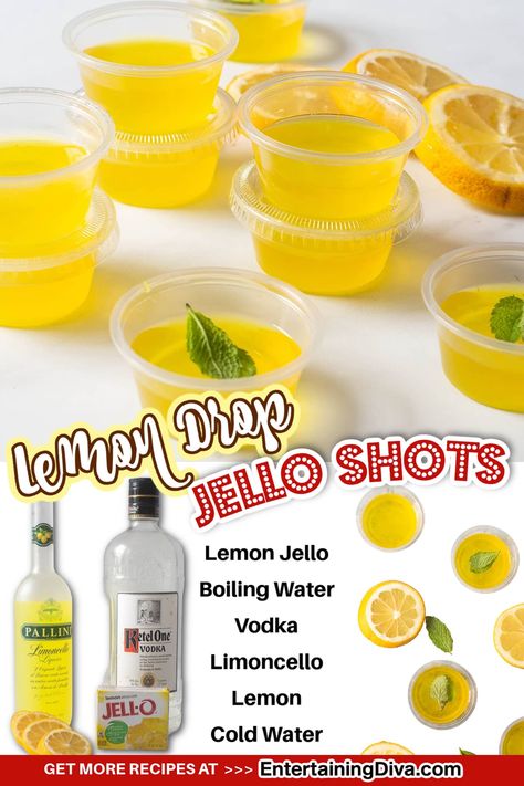 Lemon Drop Jello Shots Recipe Lemon Drop Shots Jello, Limoncello Jello Shots, Yellow Jello Shots, Strong Jello Shots Recipe, Purple Jello Shots, Lemon Drop Jello Shots, Limoncello Shots, Lemon Jello Shots, Fun Jello Shots