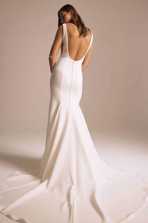 Nada High Neck Backless Wedding Dress, Clean Wedding Dress, Sleek Wedding Dress, Boat Neck Wedding Dress, Nature Wedding Dress, Simple Elegant Wedding Dress, Off White Wedding Dresses, Amsale Dress, Satin Mermaid Wedding Dress