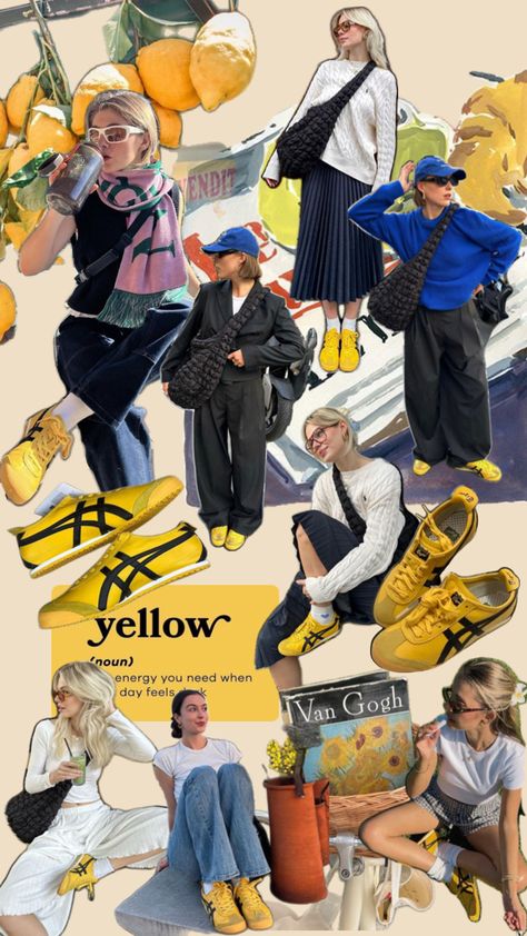 Tiger Shoes Onitsuka Woman Outfit, Ootd Onitsuka Tiger Women, Japan Fall Outfit, Onitsuka Tiger Women Outfit, Onitsuka Tiger Outfit, Yellow Shoes Outfit, Onitsuka Tiger Women, Tiger Shoes, Onitsuka Tiger Mexico 66