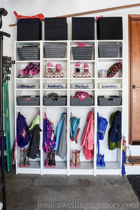 This super-simple DIY mudroom billy bookcase hack is perfect for small entryways, mudrooms, garages, hallways, and more! It has hooks for backpacks and coats, and shelves for storage! Entryway Cubbies, Mudroom Garage, School Bag Storage, Backpack Organizer, Coat And Shoe Storage, Garage Entryway, Billy Ikea, Garage Mudroom, Billy Bookcase Hack