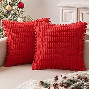 MIULEE Christmas Red Corduroy Decorative Throw Pillow Covers Pack of 2 Pom-pom Soft Boho Striped Pillow Covers Modern Farmhouse Home Decor for Sofa Living Room Couch Bed 18x18 Inch Christmas Couch Decor, Christmas Boho, Red Christmas Decor, Modern Farmhouse Home Decor, Modern Farmhouse Home, Couch Decor, Picnic Wedding, Christmas Decorations Bedroom, Office Christmas