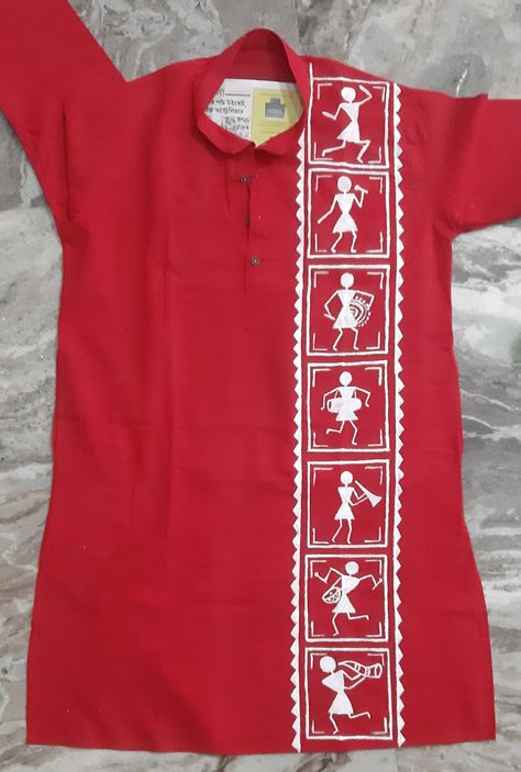 Warli Painting On Kurti, Paintings On Kurtis, Warli Art On Fabric, Febric Penting Punjabi, Warli Painting On Saree, Warli Art Designs On Fabric, Fabric Design On Punjabi, Febric Penting Design Panjabi, Painting On Panjabi