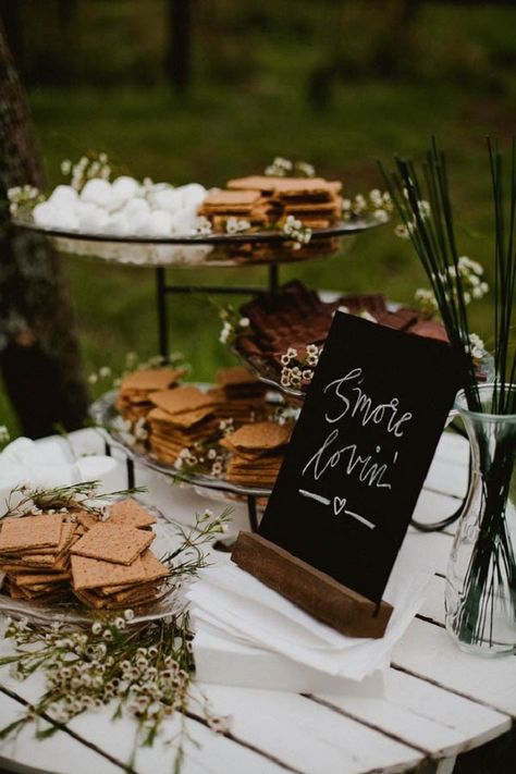 Smores Bar Wedding, Smores Bar, Wedding Food Stations, Cozy Wedding, S'mores Bar, November Wedding, Wedding Dessert Table, Food Stations, Camp Wedding