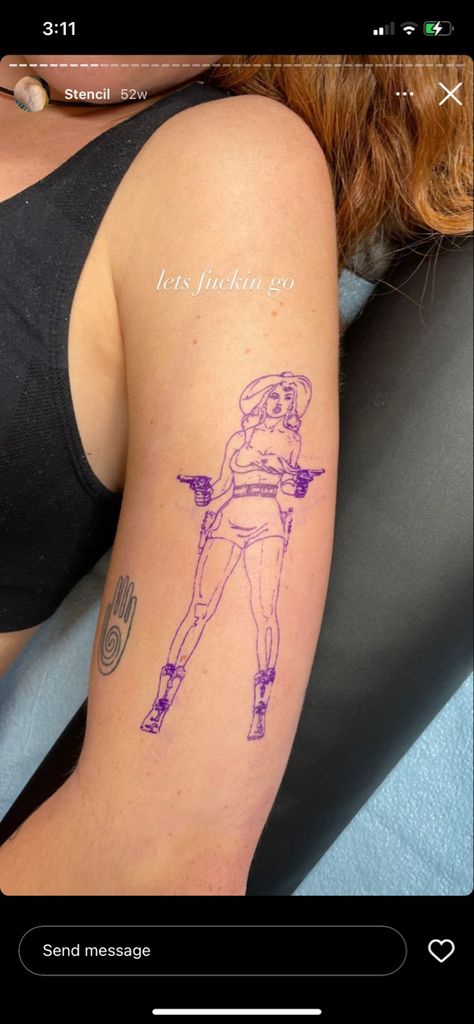 Pinup Woman Tattoo, Realistic Cowgirl Tattoo, Fine Line Pinup Tattoo, Barbie Pinup Tattoo, Pinup Style Tattoo, Cowgirl Gunslinger Tattoo, Cowboy And Cowgirl Tattoo, Pinup Tattoo Placement, Pinup Tattoo Cowgirl