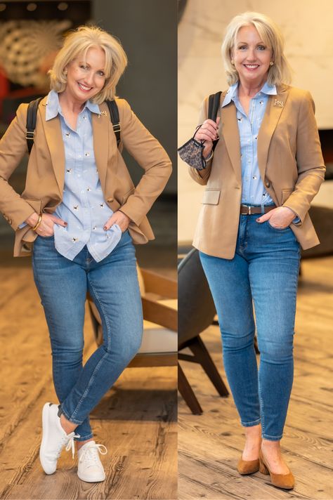 Carmel Blazer Outfits Women, Jeans And Blazers Women, Women Blazer Outfit Casual, Casual Outfits For Women Over 50, Tan Blazer Outfits Women, Camel Blazer Outfits Women, Casual Blazer Outfit Women, Casual Blazer Outfits, Convocation Outfit