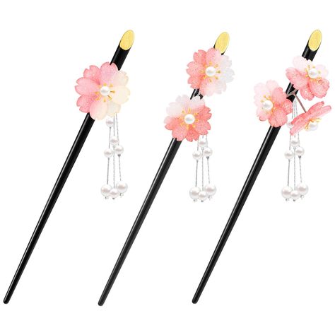 PRICES MAY VARY. Meet your various demands: the package comes with 3 pieces of pink sticks in different styles, which are enough for you to change and replace, and easy to match with your daily hair, makeup, and dressing needs Not easy to break: the cherry blossom hair stick is made of quality acrylic material, reliable and reusable, lightweight and portable, and not easy to deform or fade, handmade and comfortable to wear; The flowers are clear and not have any impurities, which can be applied Japanese Chopstick Hairstyle, Hair Stick Design, Chinese Hair Stick Hairstyle, Japanese Hair Sticks, Acrylic Cherry Blossom, Japanese Hair Pins, Chinese Hair Chopsticks, Japanese Hair Accessories, Japanese Hair Stick