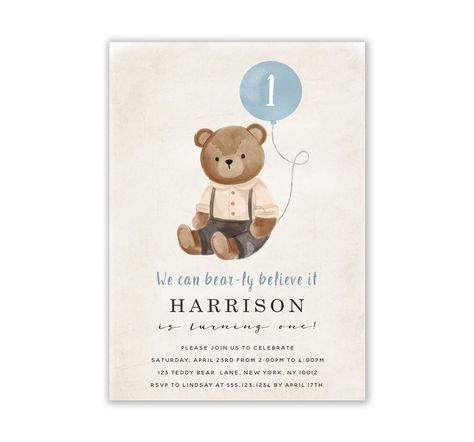 Teddy Bear Birthday Invitation, Bear Birthday Invitation, Teddy Bear Party Invitation, Cute Bear Balloon Invitation, Sweet Bear Boy, ANY AGE First Birthday Traditions, Teddy Bear Birthday Invitations, Bear Balloon, Balloon Invitation, Teddy Bear Party, Teddy Bear Birthday, Birthday Traditions, Bear Party, Side Design