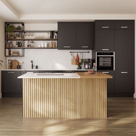 Calming and contemporary kitchens 🤩   In 2024, we're seeing a shift towards nature-inspired interiors, and kitchen spaces are no different! Naturepanel's durability, combined with its stunning aesthetics, makes it an ideal option for turning your kitchen interior into a real conversation starter.  This striking kitchen features our Bleached Cuneo Oak panel, which pairs perfectly with dark fixtures and plant accents🍃  Discover the full range: https://bit.ly/4aDV1gn Slat Wall Ideas Kitchen, Tambour Kitchen, Wall Ideas Kitchen, Slat Wall Ideas, Wood Effect Wall, Wood Tambour, Real Conversation, Contemporary Kitchens, Timeless Interiors