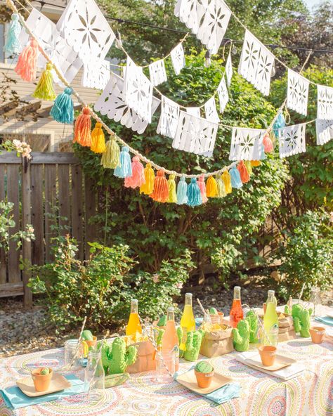 Chic Mexican Theme Party, Mexican Fiesta Tablescape, Mexican Crafts For Adults, Classy Fiesta Theme Party, Diy Papel Picado, Cactus Rocks, Mexican Dinner Party, Baked Churros, Picado Banner