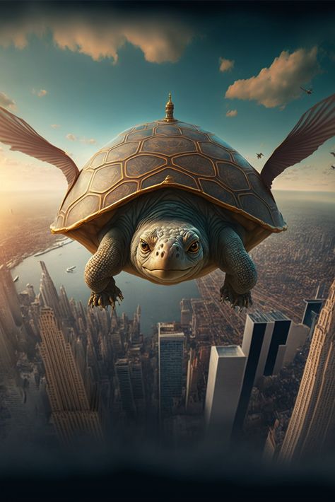 magical city on a flying sky turtle, realistic, detailed Fantasy Turtle, Flying Turtle, Magical City, Fantasy Creature, Cute Turtles, Fantasy Creatures, Turtles, The Sky, Art