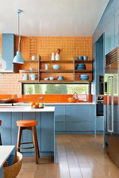 Teal And Orange Interior, Blue Orange Kitchen Ideas, Orange Blue Kitchen, Blue Kitchen Color Schemes, Teal Blue Kitchen Cabinets, Small Colourful Kitchen, Orange And Blue Interior Design, Orange And Blue Interior, Orange And Teal Kitchen