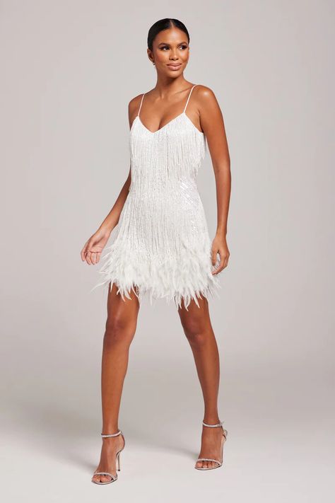 LOTTIE White Embellished Dress | NADINE MERABI White Feather Dress, White Fringe Dress, White Beaded Dress, Nadine Merabi, Champagne Dress, Wedding Reception Dress, Alexandre Vauthier, Teal Dress, Outfit Jeans