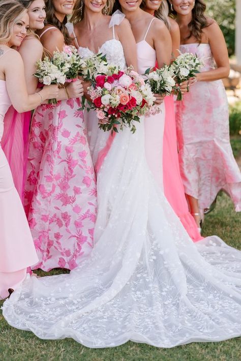 G DAY AS ENCHANTING AS BARBIE HERSELF! Barbie Bridesmaid Dresses, Pink Floral Bridesmaid Dress, Barbie Core Wedding, Pink And White Floral Bridesmaid Dresses, Pink Variety Bridesmaid Dresses, Multicolored Pink Bridesmaids Dresses, Vintage Love Seat, Light Pink Bridesmaid Dresses Colorful Flowers, Mixmatch Pink Bridesmaids