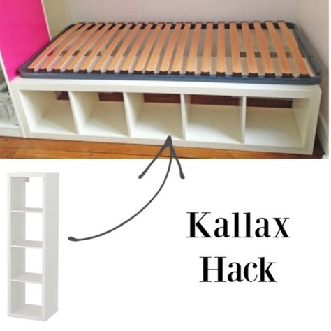 Kallax hack for a platform bed. #kallaxhacks #ikeahack #platformbed #kallax #bedroomdesign #diy Ikea Bed Hack, Cama Ikea, Diy Storage Bed, Ikea Kallax Shelf, Kallax Hack, Ikea Kallax Hack, Kallax Shelf, Diy Platform Bed, Bed Platform