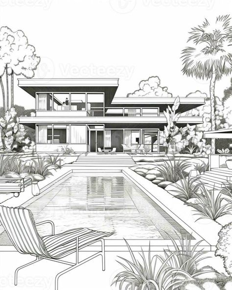 a drawing of a house with a pool and lounge chairs. generative ai. House With Pool Drawing, Sketch Ideas Landscape, House Design Drawing Sketch, Perspective House Drawing, Dream House Drawing Sketch, Simple House Sketch, Pool Sketch, House Drawing Sketches, Rich People Houses