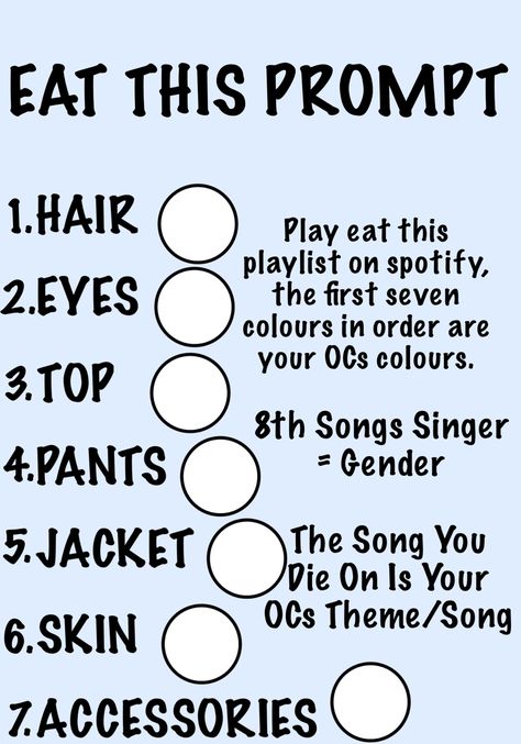 A spotify inspired musical character prompt sheet challenge Playlist Character Challenge, Spotify Oc Challenge, Create A Playlist For Your Oc, Oc Music Challenge, Music Oc Challenge, Make An Oc Based On Your Playlist, Making A Playlist For Your Oc, Musical Oc Challenge, Musical Oc