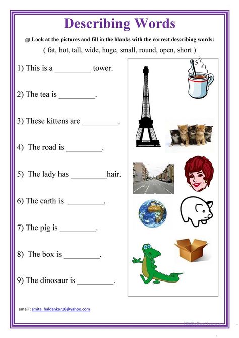 Describing words - English ESL Worksheets Describing Words Worksheet, Tinkerbell Pictures, Words Worksheet, Advance English, Worksheets For Class 1, English Adjectives, Adjective Worksheet, English Grammar For Kids, Describing Words