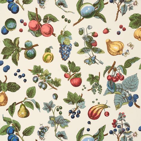 Schumacher Berry Grove Ivory Wallpapers, 5015652, from Schumacher Classics collection. French Country Wallpaper, Pantry Wallpaper, Ivory Wallpaper, House Of Hackney Wallpaper, 1950s Fabric, Creole Cottage, Schumacher Wallpaper, Painting Antique Furniture, Fruit Wallpaper