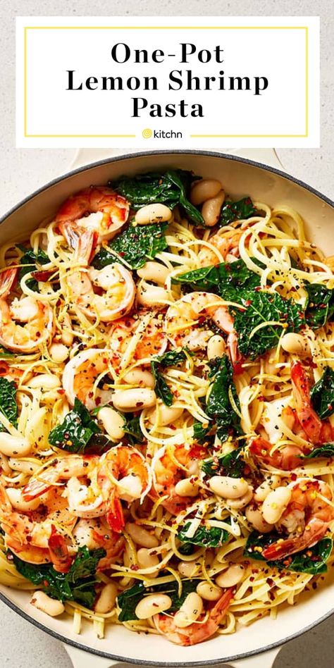 One-Pot Lemon Shrimp Pasta | Kitchn Creamy White Beans, Lemon Shrimp Pasta, Kale Pasta, Lemon Shrimp, Boat Galley, Linguine Pasta, One Pot Dinners, Seafood Pasta, One Pot Pasta