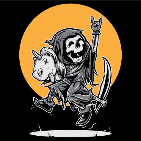 Grim reaper happy riding unicorn toy Pre... | Premium Vector #Freepik #vector #background #cartoon #sun #skull Grim Reaper Drawing, Reaper Drawing, Grim Reaper Art, Doodle Tattoo, Skeleton Art, Skull Artwork, Unicorn Toys, Halloween Drawings, Halloween Tattoos