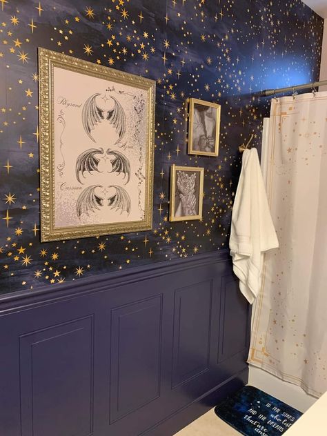 Celestial Restroom, Night Sky Bathroom Ideas, Mystic Bathroom Decor, Night Themed Bathroom, Starry Night Room Aesthetic, Night Court Bathroom, Whimsigothic Interior Design, Celestial Goth Decor, Star Themed Bathroom